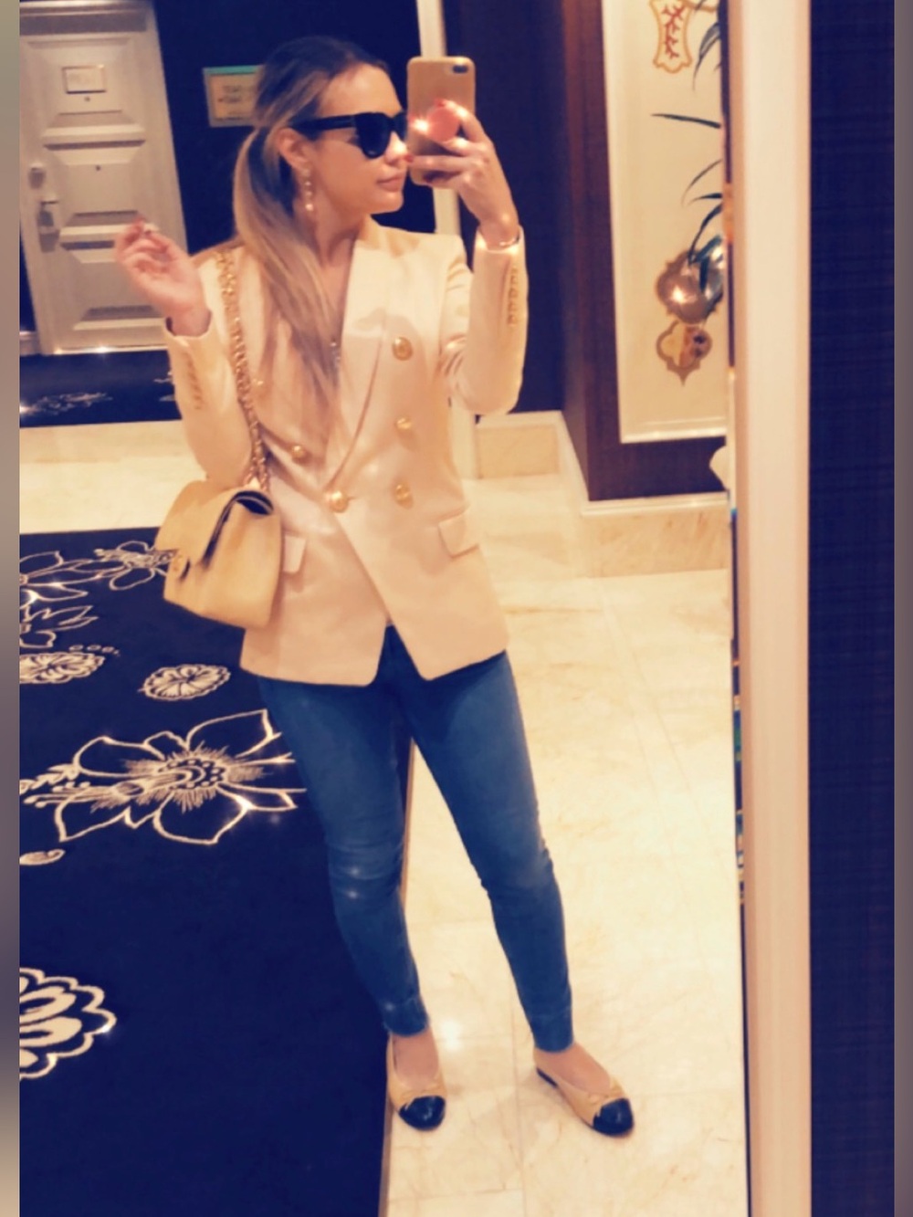 Balmain Pale Pink Beige textured Double-Breasted Blazer with Gold Buttons 36